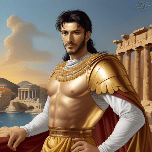 AI generated: Mark Anthony, looking like a stallion, caricature, landscape agent greek, golden thin sticks in cicl...