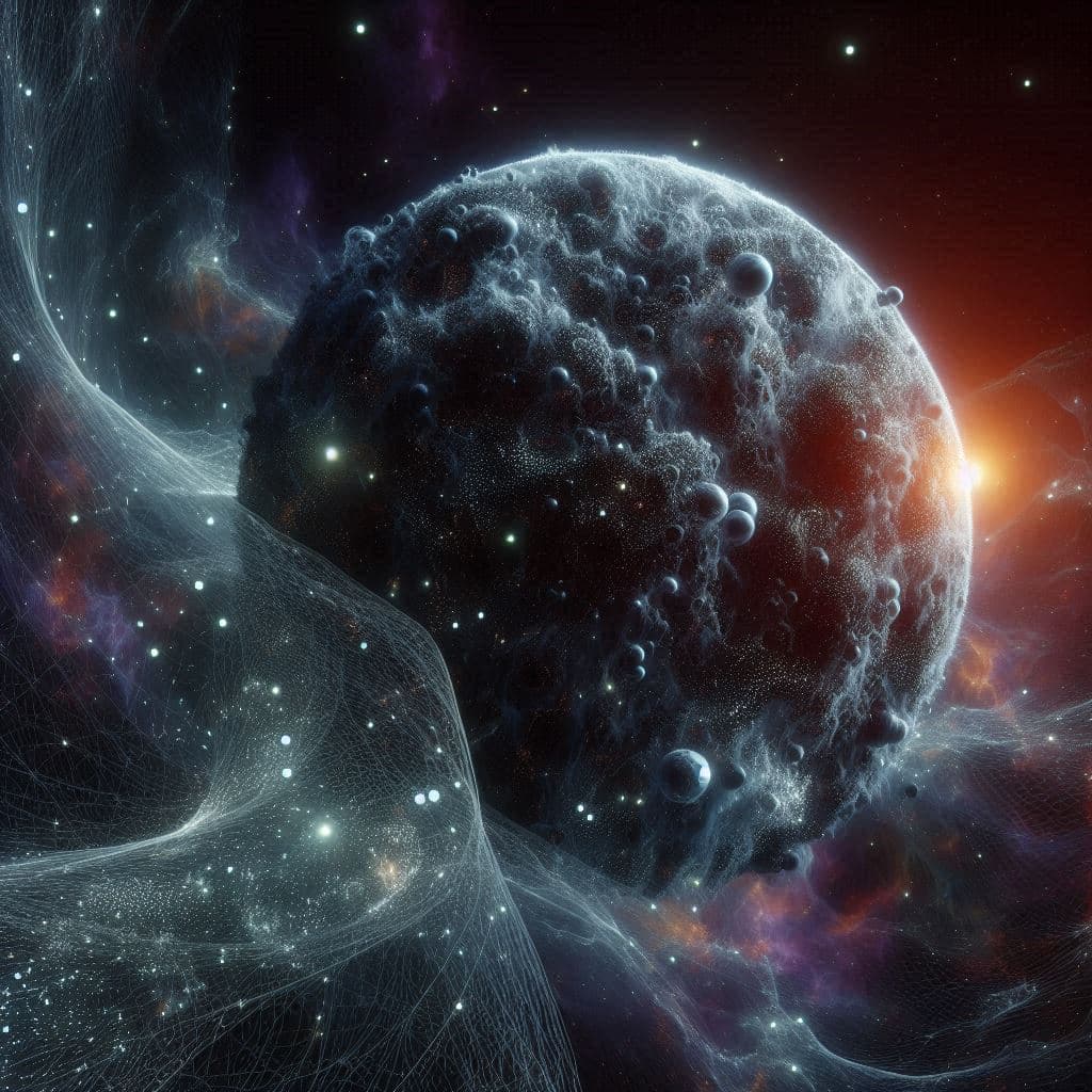 AI generated: Big in the foreground is a half-molten bionic spaceship made of translucent obsidian. The universe i...