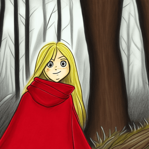 AI generated: a drawing of  girl with blond hair and brown eyes,  in a short red cloak, walking in a dark forest
