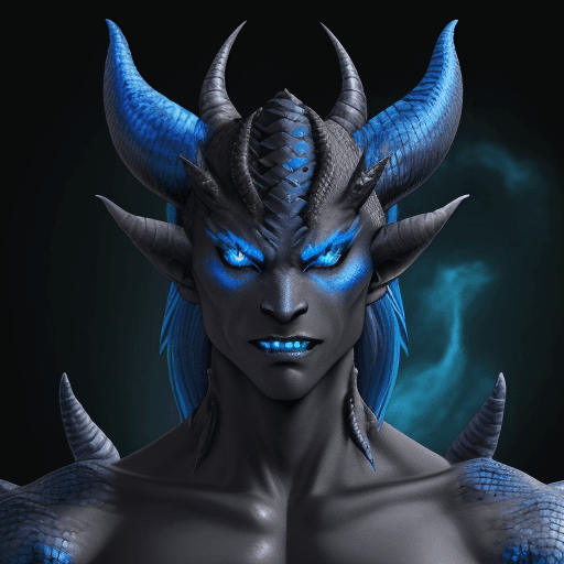AI generated: A black draconic humanoid with blue highlighted scales, with scales, sharp fangs, very detailed face...