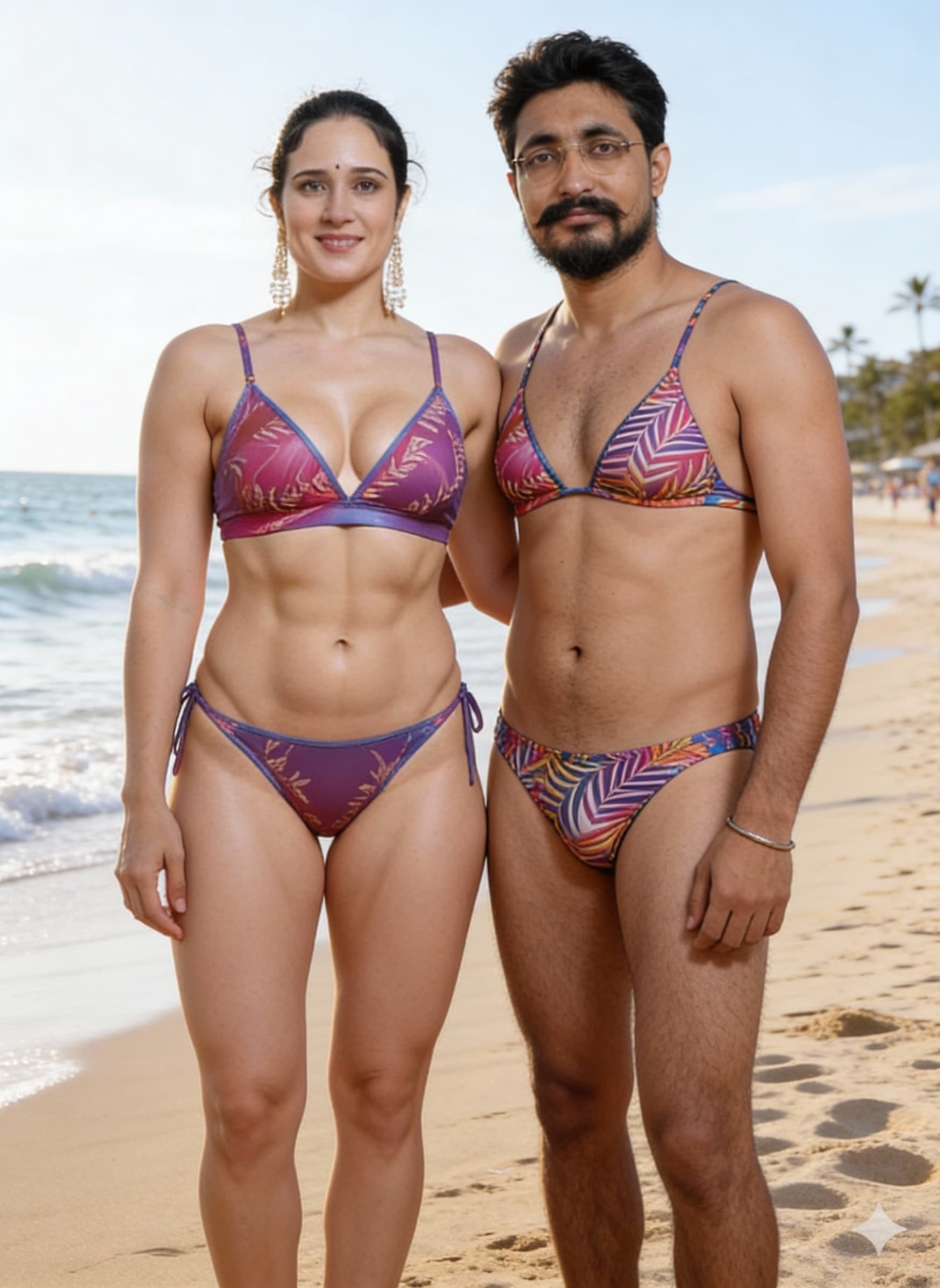 AI generated: Boy should wear bikni and bra and should standing with girl. The girl should be slightly taller than...