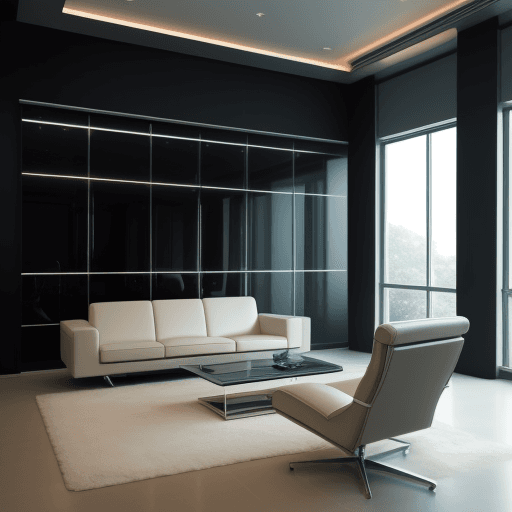 AI generated: realistic ultra modern and simple leather furniture in a glass room with lights 