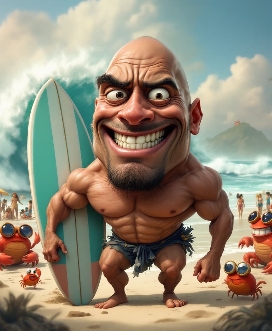 AI generated:  a humorous, exaggerated caricature of Dwayne Johnson. His face has oversized, intense eyes with one...