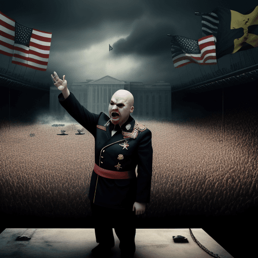 AI generated: angry dictator baby gives speech to crowd in an ominous surreal setting, flags of crossed out pitbul...