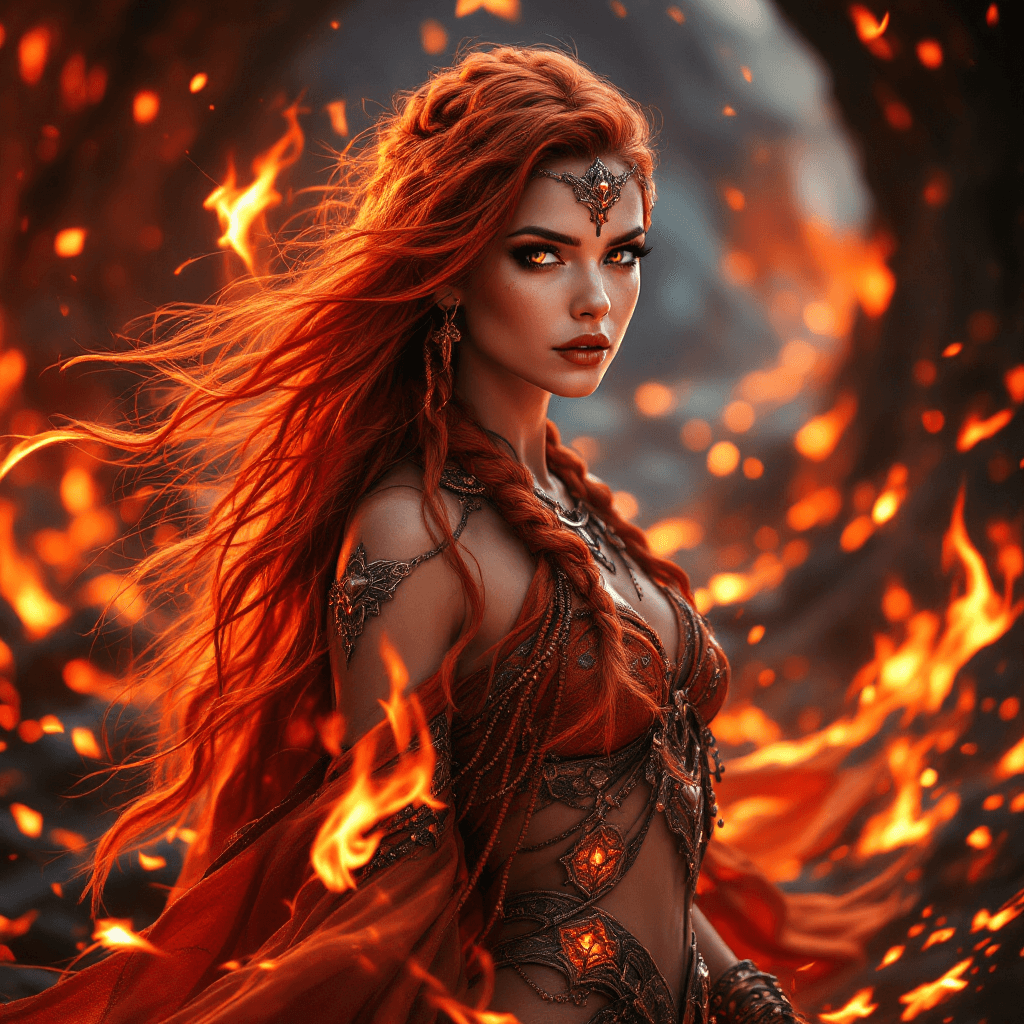 AI generated: The Ember Weaver: A captivating woman with long, flowing, vibrant red hair that seems to shimmer and...