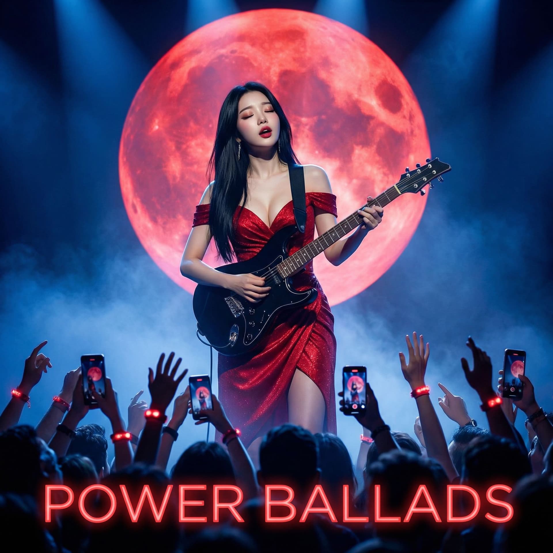 AI generated: - Performer: From the picture provided Female musician with straight black hair, wearing a red off-t...