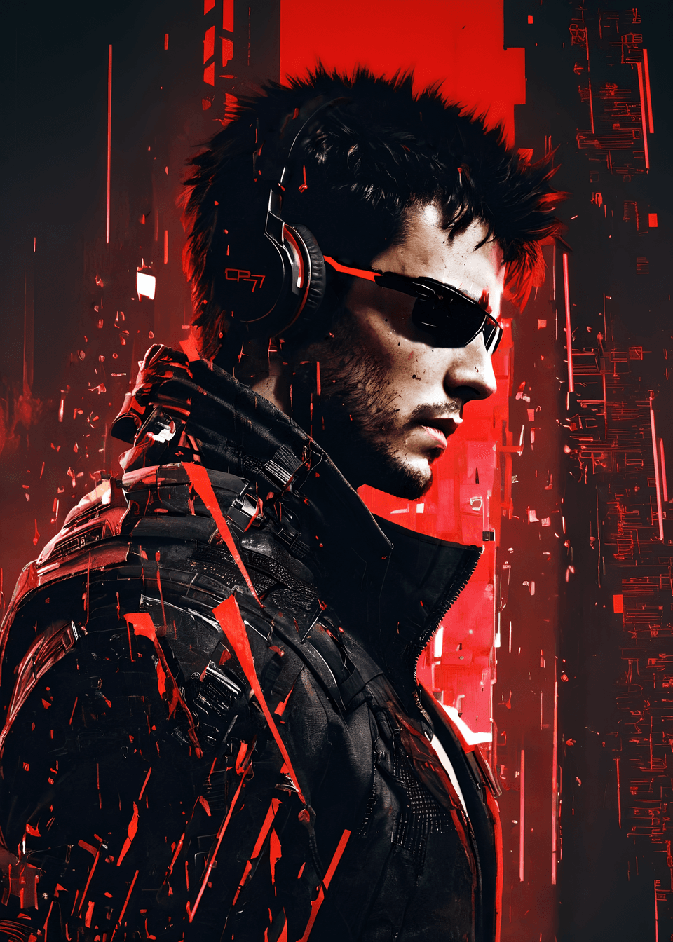 AI generated: (Glitch art:1.2), (cyberpunk 2077:1.2), futuristic, male, black and red color scheme, (red digital g...