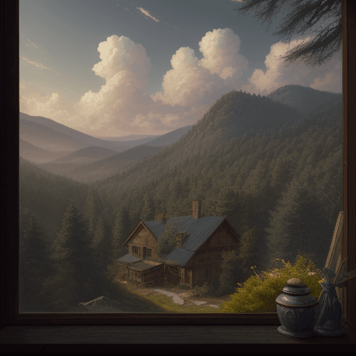 AI generated: view of a valley from the side of a house, spring, pine forest, clouds, digital art, photo, best qua...