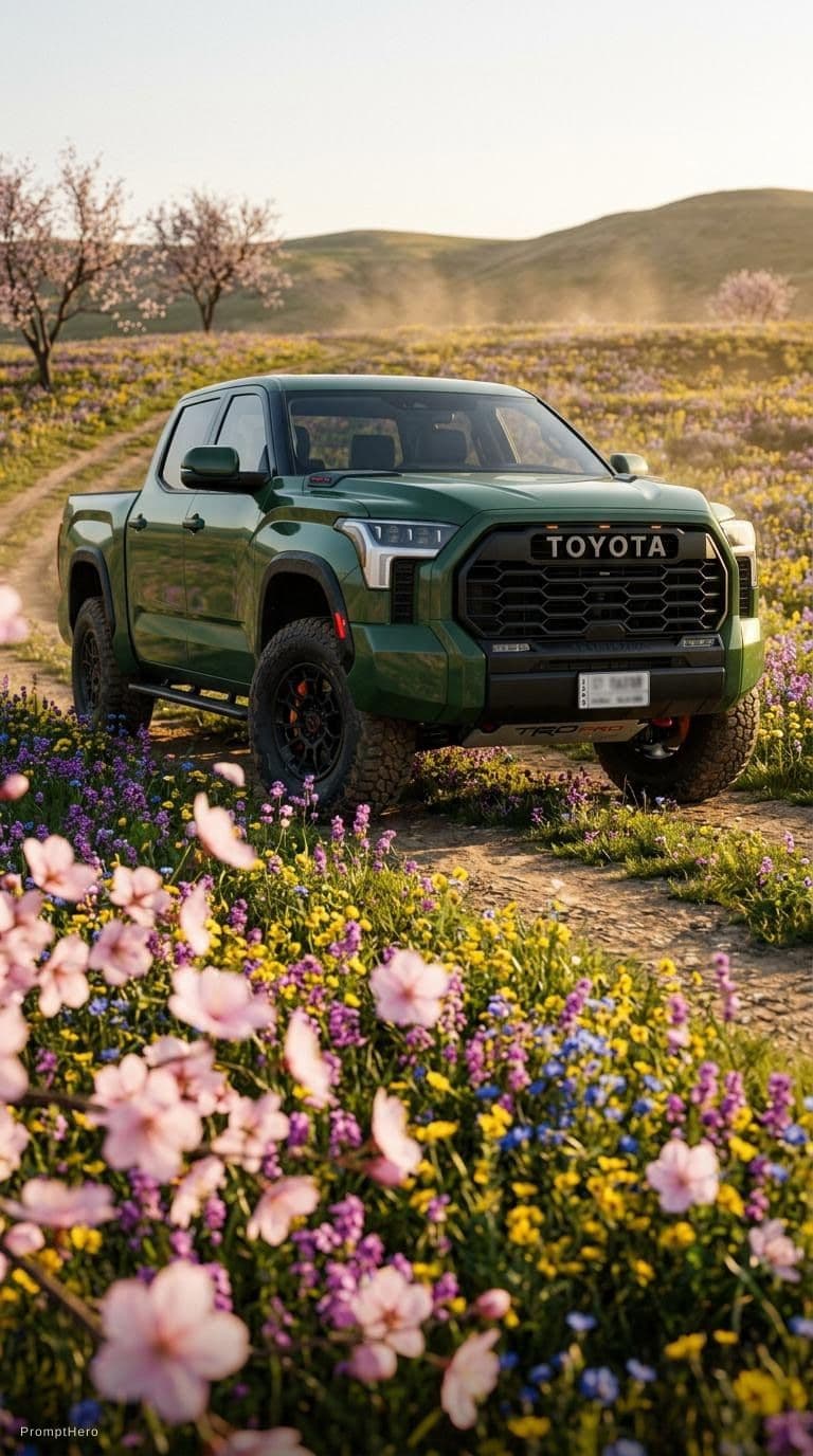 AI generated: extremely low shot of a forest green toyota tundra trd pro 2023 orange caler in a field of flowers, ...