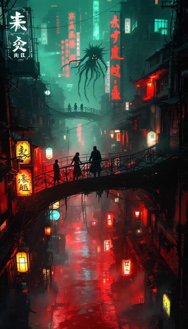 AI generated: From an aerial perspective, an ultra-detailed dystopian city alley at night is bathed in warm, ether...