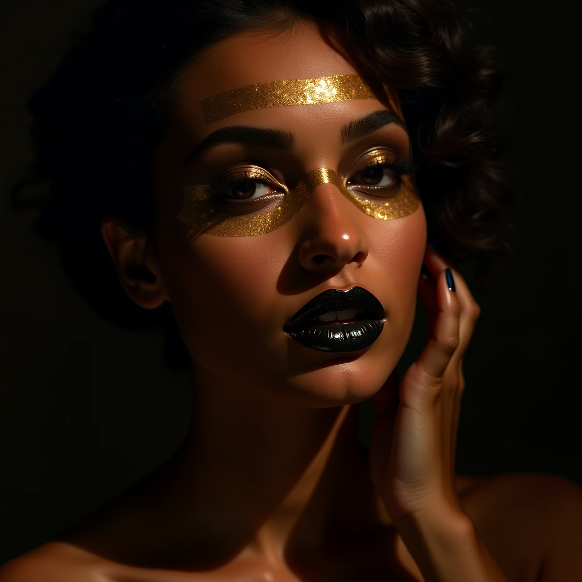 AI generated: cinematic portrait of a 26-year-old Egyptian model with gold foil applied above eyebrows and under e...