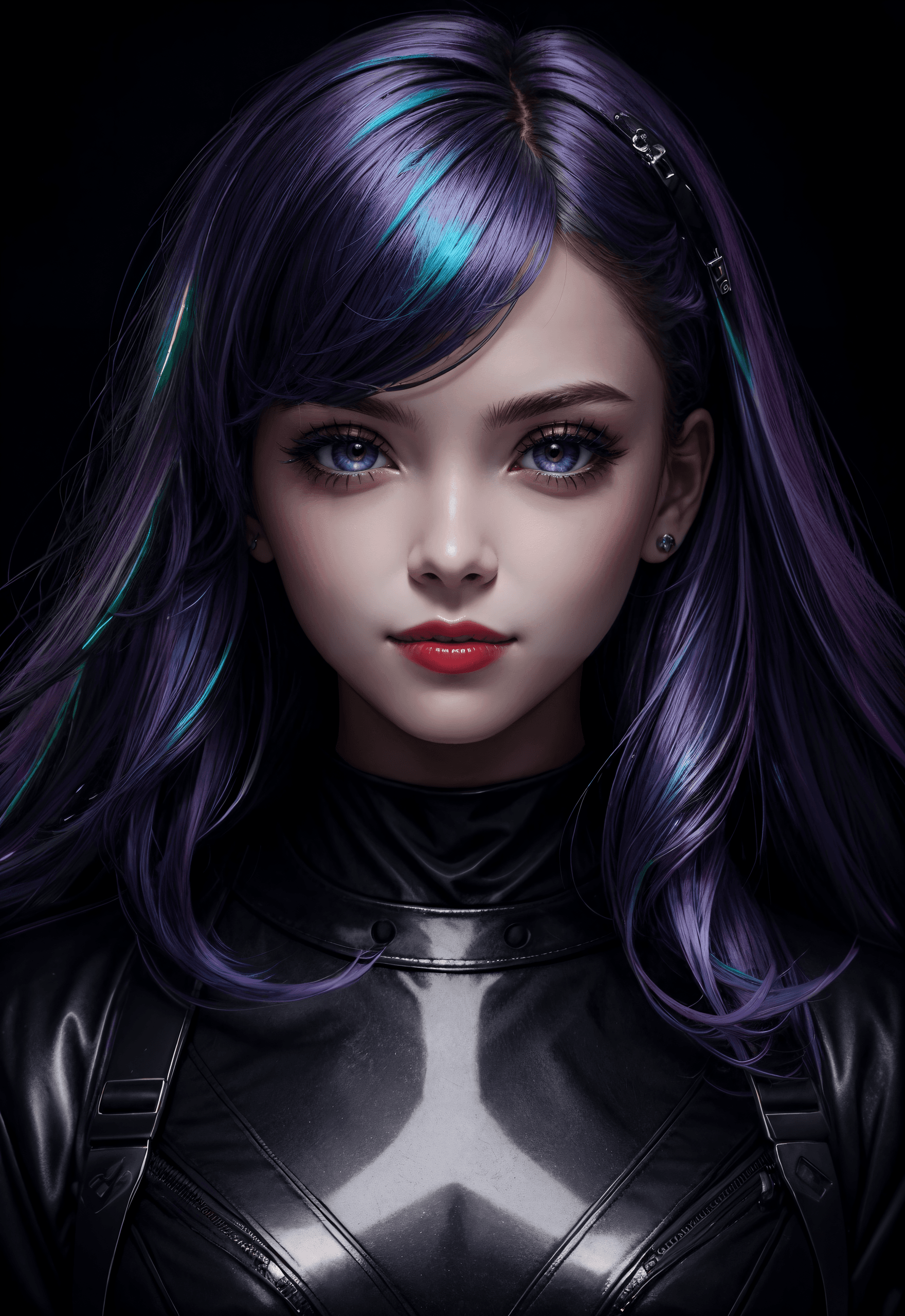 AI generated: masterpiece, best quality, portrait of a teenage girl, darksynth style , hair made of iridescent foi...