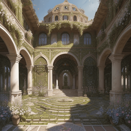 AI generated: Overgrown blooming flower, garden, Italian ornate courtyard, Watercolor, trending on artstation, sha...