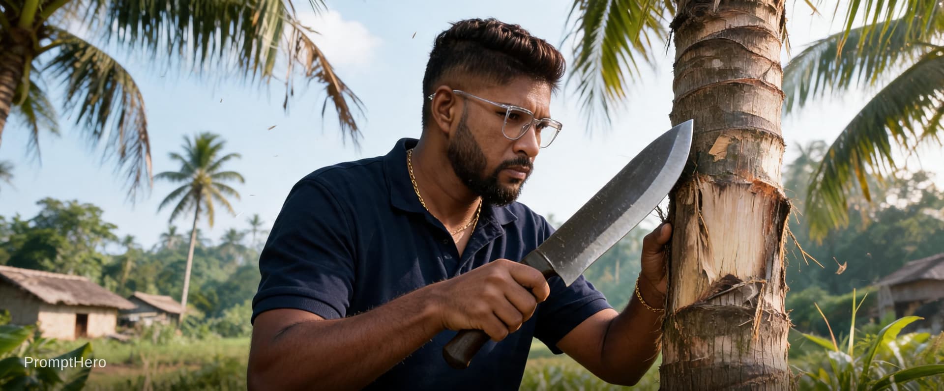 AI generated: “එකම පුද්ගලයා, එකම ඇඳුම සහ එකම මුහුණින්, උණුසුම් ගම්මාන පරිසරයක හිටගෙන ඉන්නවා. ඔහු අතේ තියෙන විශාල ත...