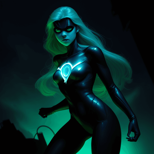 AI generated: will-o'-the-wisp, young female superhero, inspired by frank miller, dark city, atmospheric lighting,...