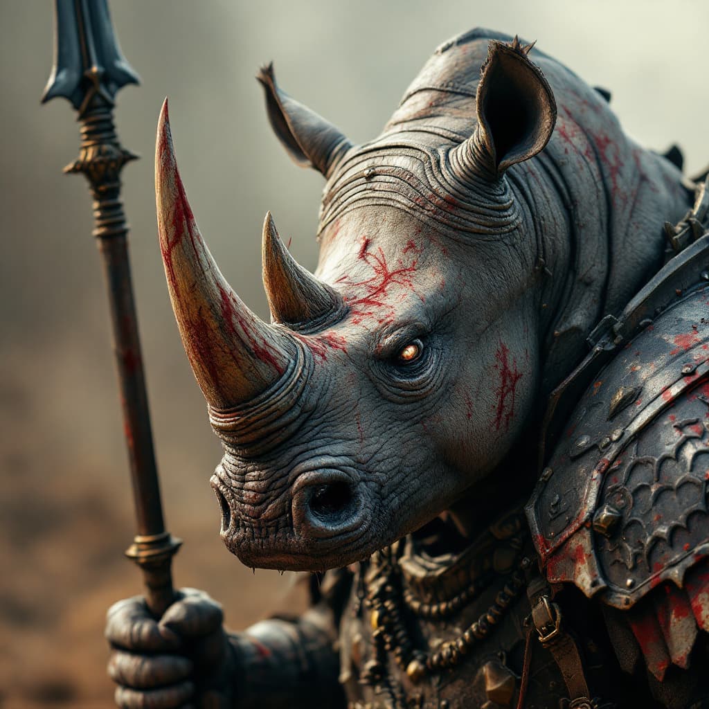 AI generated: Battle-scarred angry rhino army wearing armour, holding a spear, anthropomorphic, super detail, ultr...