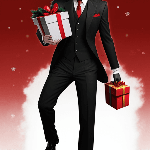 AI generated: Attractive anime male in a red and black suit with a Santa hat on carrying a gift