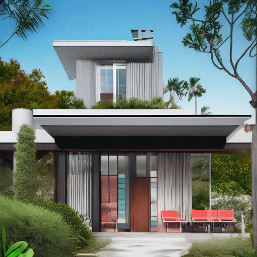 AI generated: Hyper realistic eye level exterior photo of a mid century modern style house overlooking the ocean, ...