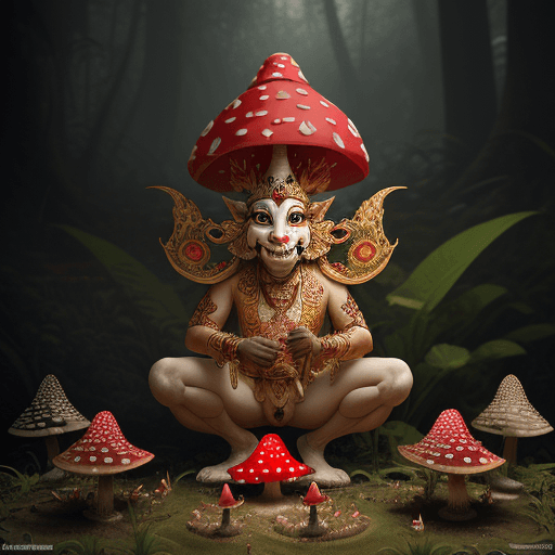 AI generated: make an image with a Balinese Barong deity picking amanita muscaria mushrooms, ancient artistic styl...