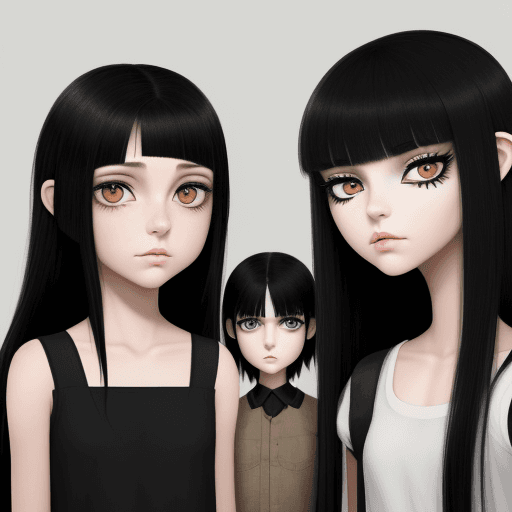 AI generated: 2 meter tall girl with black eyes and long black hair with eye liner looks at her friends who are to...