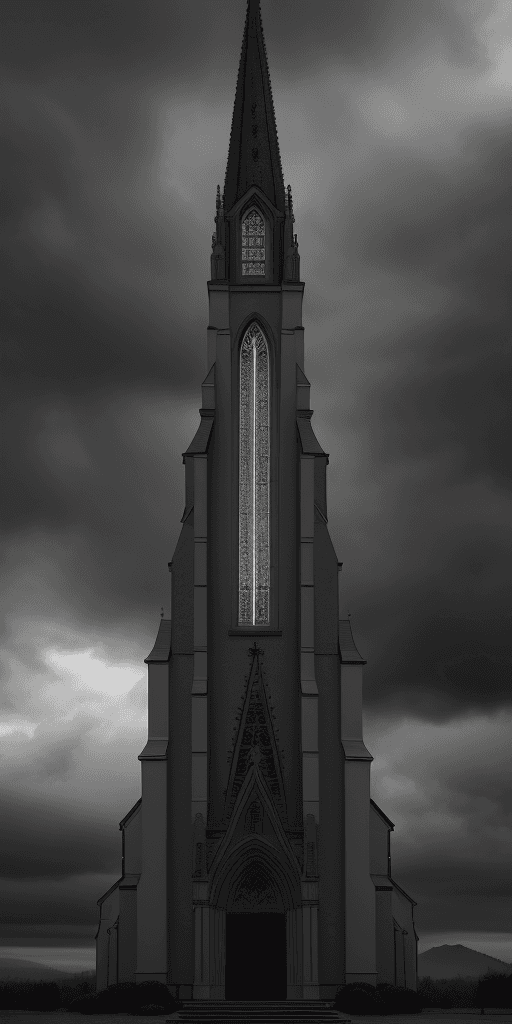 AI generated: A dark cloudy giant epic sky falls over a church , epic , 8k , hd , brown, gray, black and white ton...