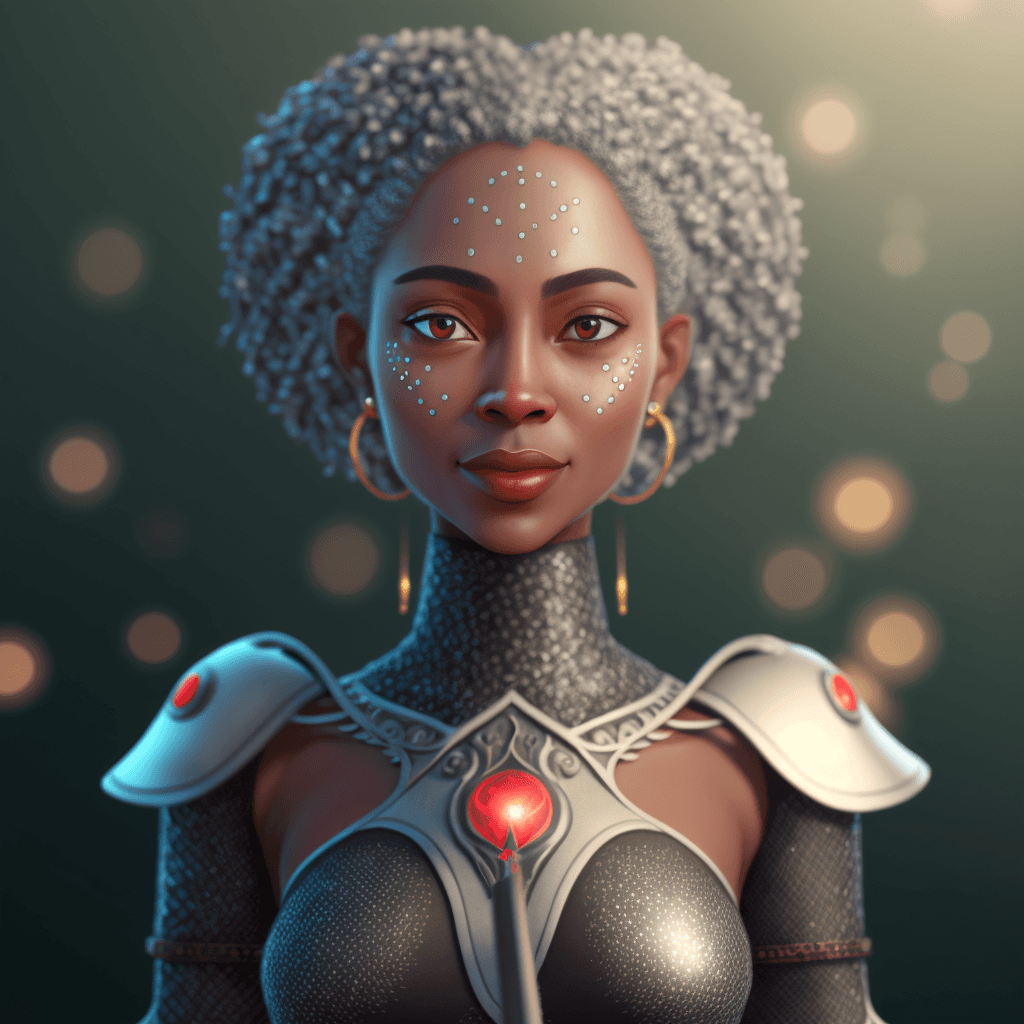 AI generated: a beautiful mixed race pixar princess warrior stands with her sword, wearing black frost armour, ult...