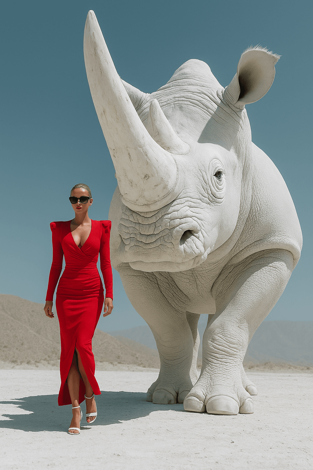 AI generated: {
  "scene": {
    "type": "editorial fashion surrealism",
    "location": "barren white desert w...