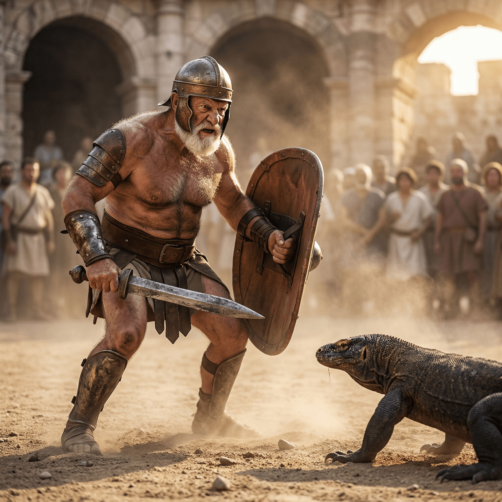 AI generated: Ultra-realistic documentary-style action photography inside the Roman Colosseum, bathed in warm gold...