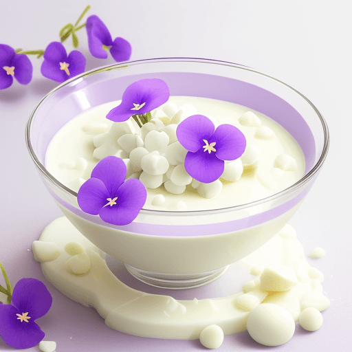 AI generated: spring violets in a bowl of white chocolate cream crystal sugar and soft, luminous garlands of light...