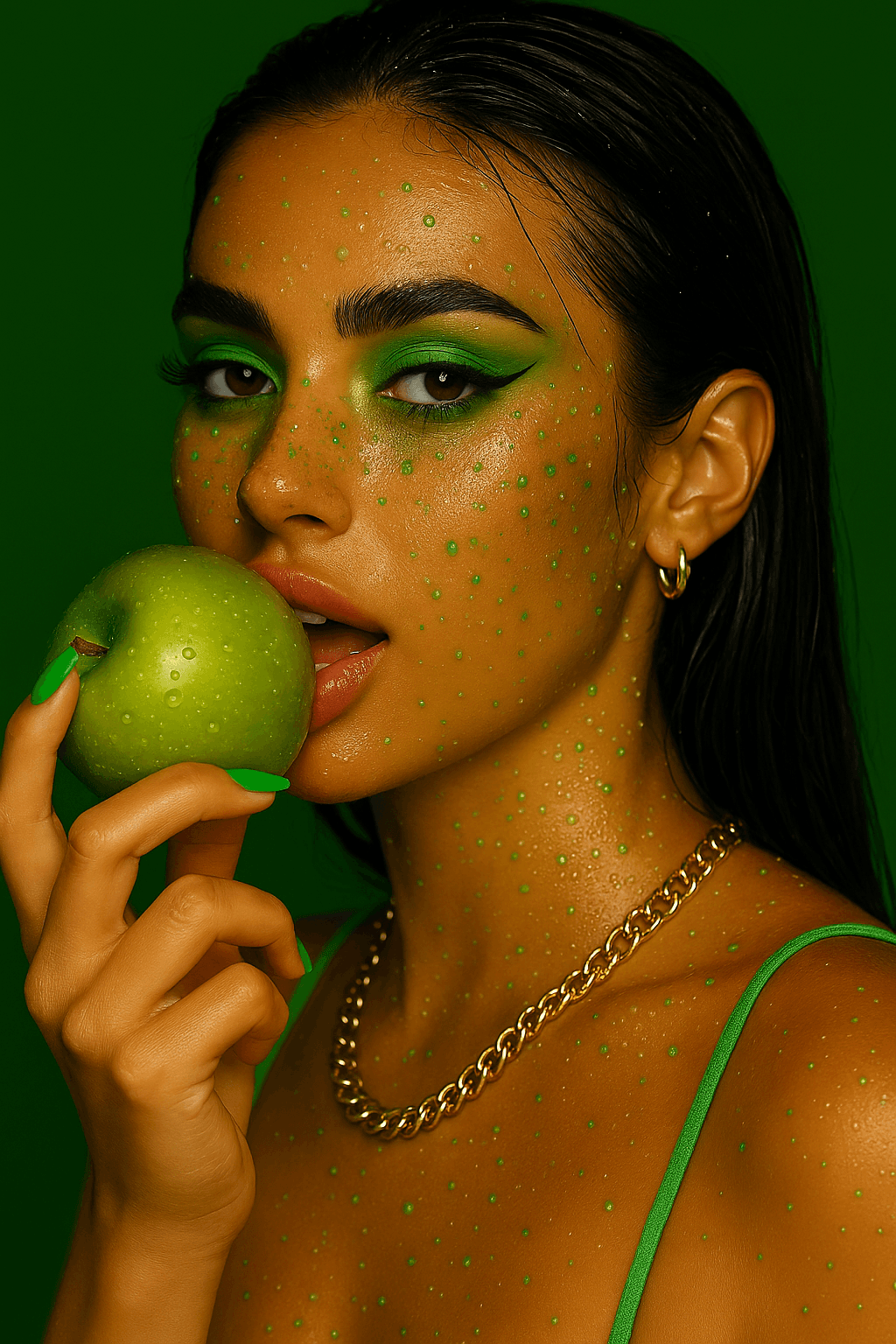AI generated: {
  "scene": {
    "setting": "studio",
    "background": {
      "color": "solid green",
     ...