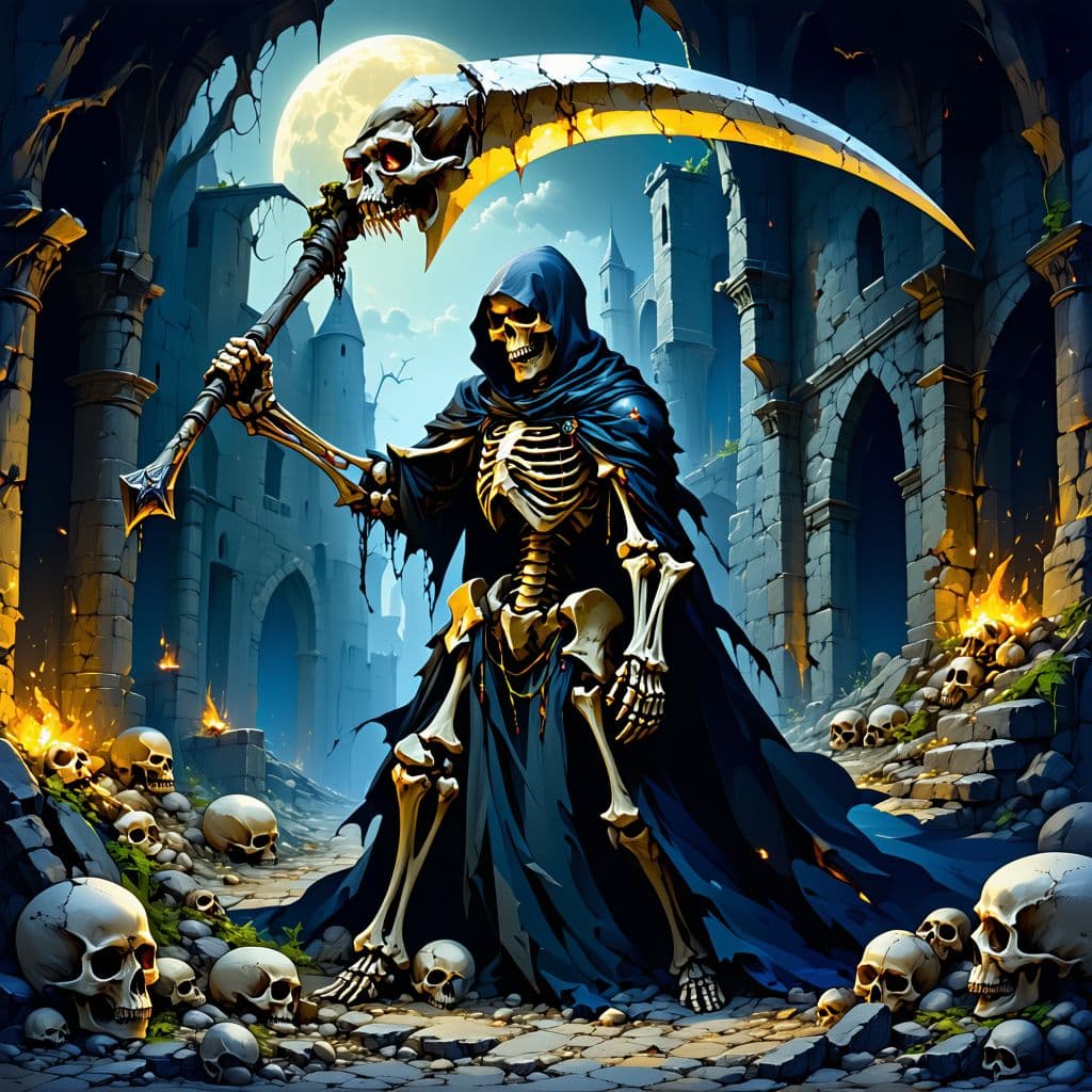 AI generated: Illustration of the grim reaper fighting in armor plates robes, swinging an extra large scythe made ...