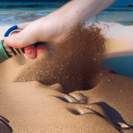AI generated: master piece, high quality, a hand pouring sand onto a beach with shoreline with a pair of old worn ...