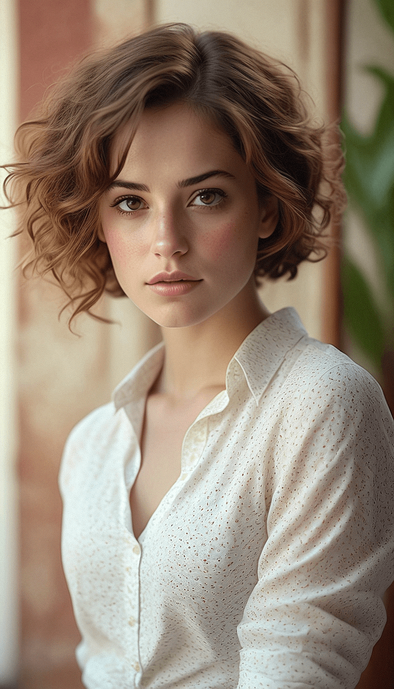 AI generated: A waist-up portrait of a young beautiful brunette girl, lip-gloss, (freckles:0.7) skin, long bob hai...