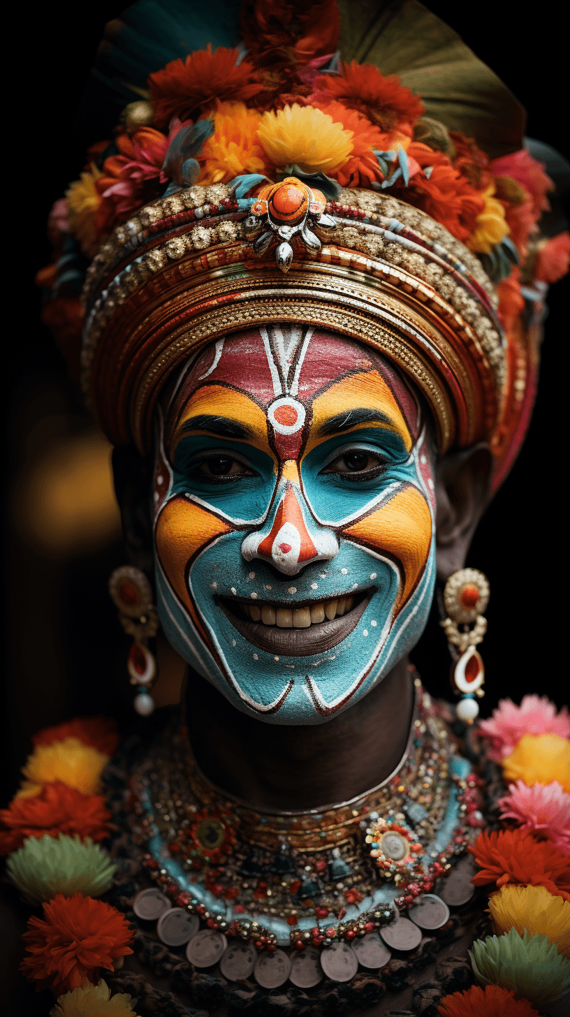 AI generated: a kathakali dancer from india with beautiful and vibrant colors makeup and expressive eyes, a soul-s...