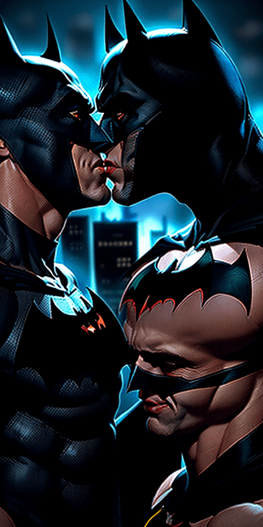 AI generated: (magmatica passionate and dramatic kiss between 2 handsome batmans:1. 5), (1 1960's batman and 1 202...