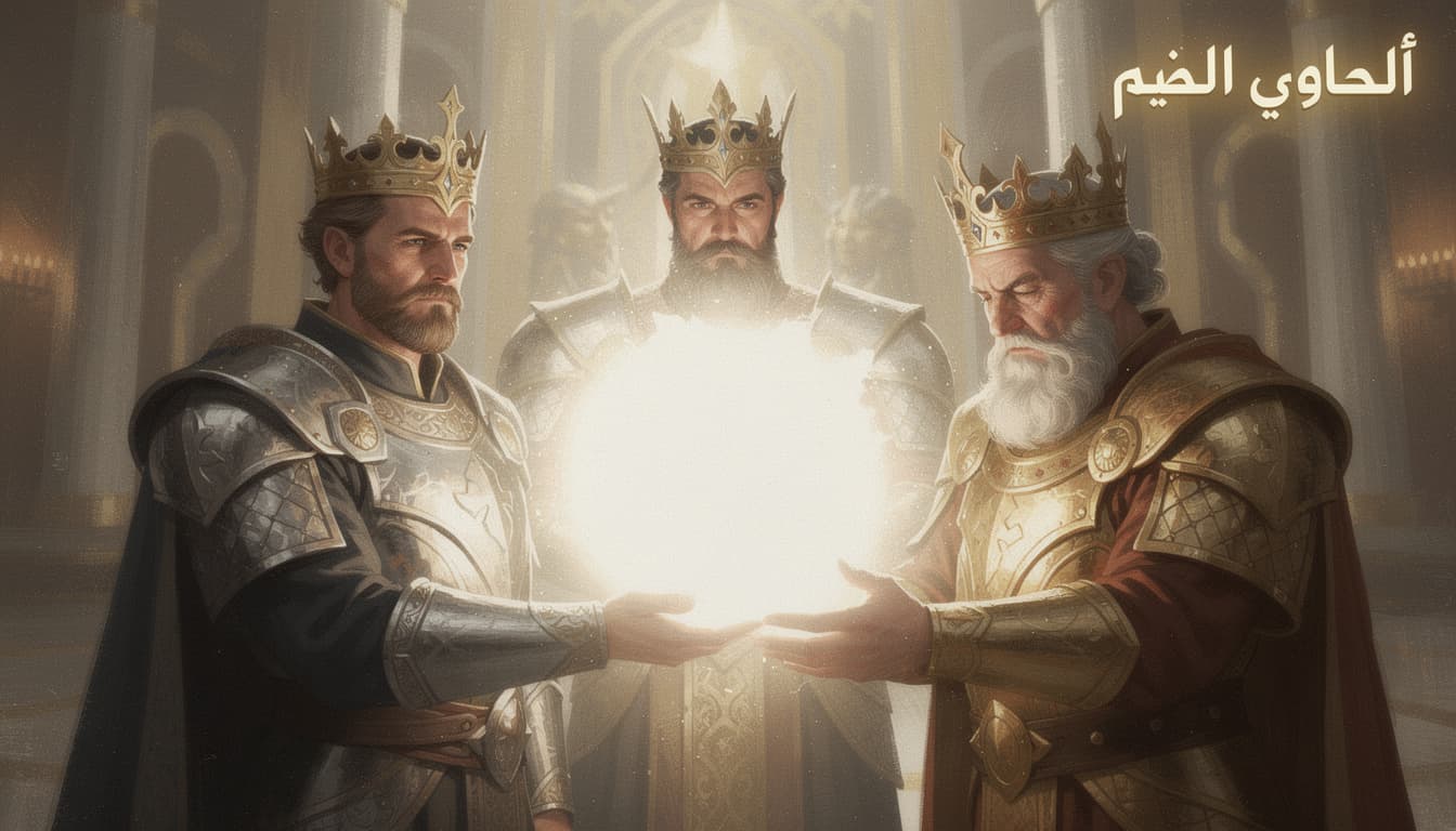 AI generated: A digital illustration featuring three bearded men with crowns, centered around a bright, blinding l...