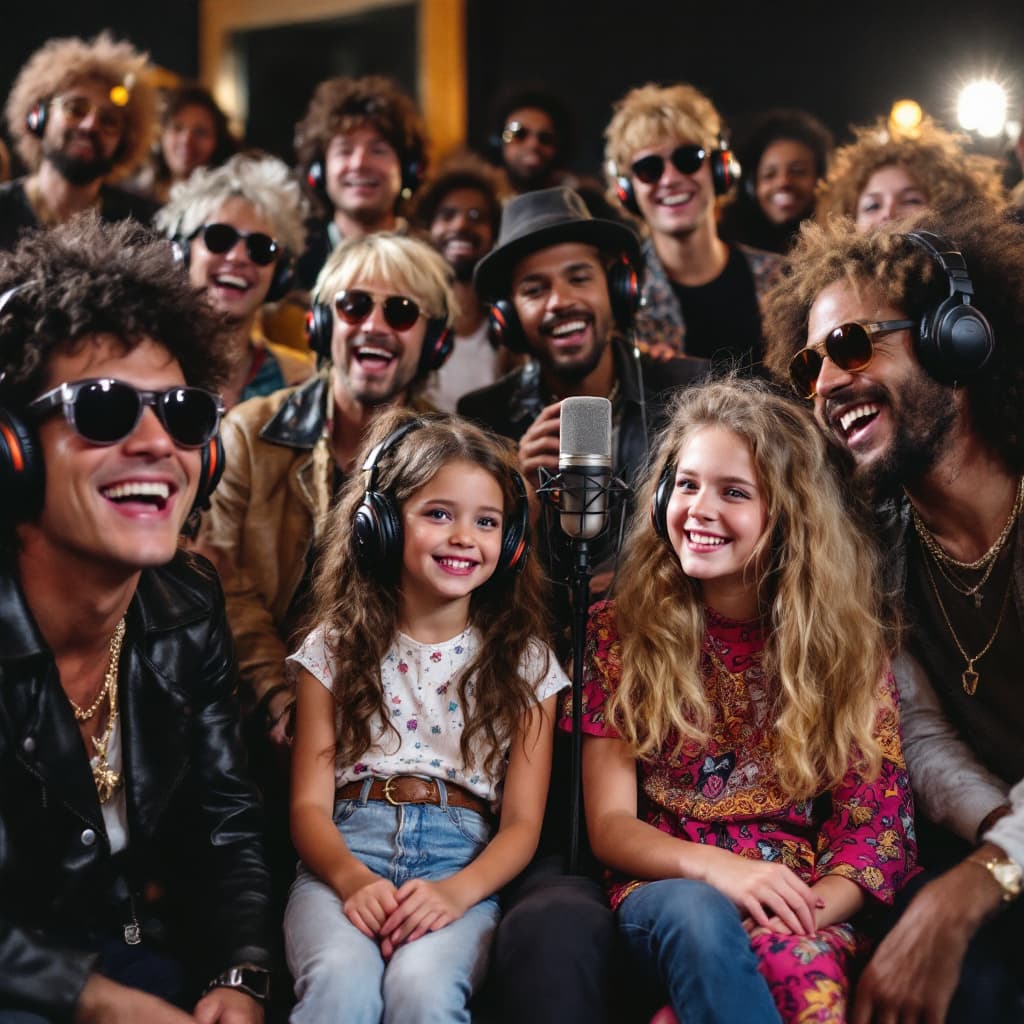 AI generated: A lively 1980s recording studio scene, showing a diverse group of musicians and artists, all wearing...