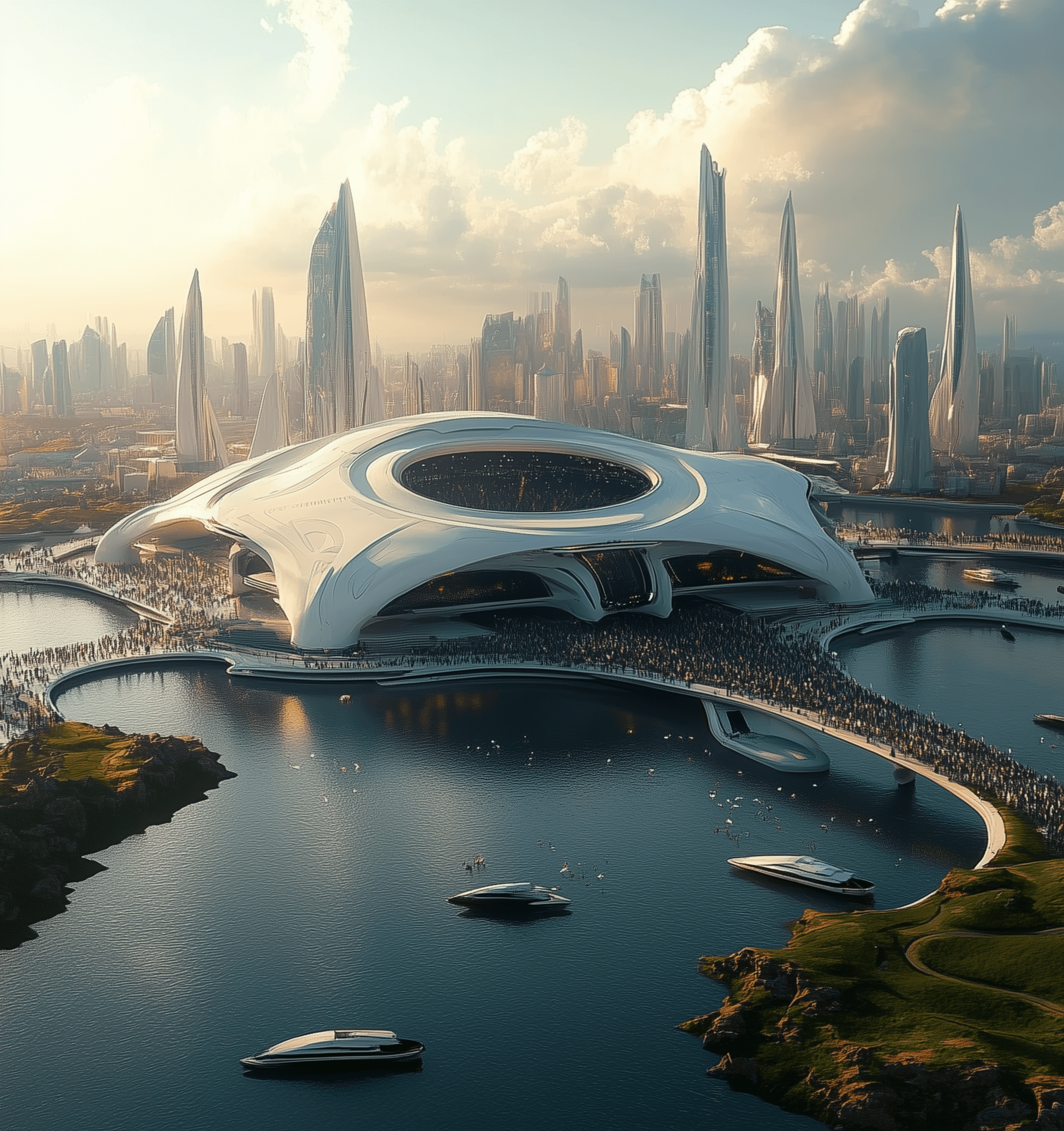 AI generated: A futuristic stadium in the year 2056, surrounded by grassy fields and crowds walking on bridges to ...