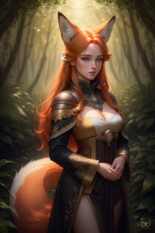 AI generated: award winning digital art of a beautiful woman with fox ears and tail, (ginger hair), fur, fully clo...