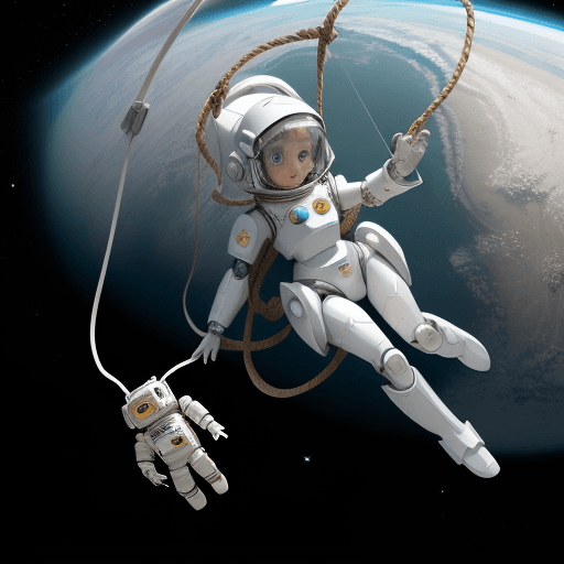 AI generated: a girl with white armor and her small robot friend floating in space with a rope connecting each oth...