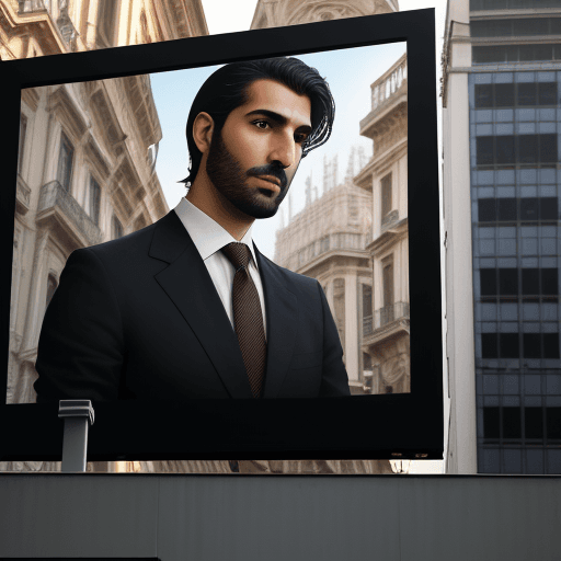 AI generated: Dark haired swarthy Italian looking businessman poring over a computer screen and looking out of an ...