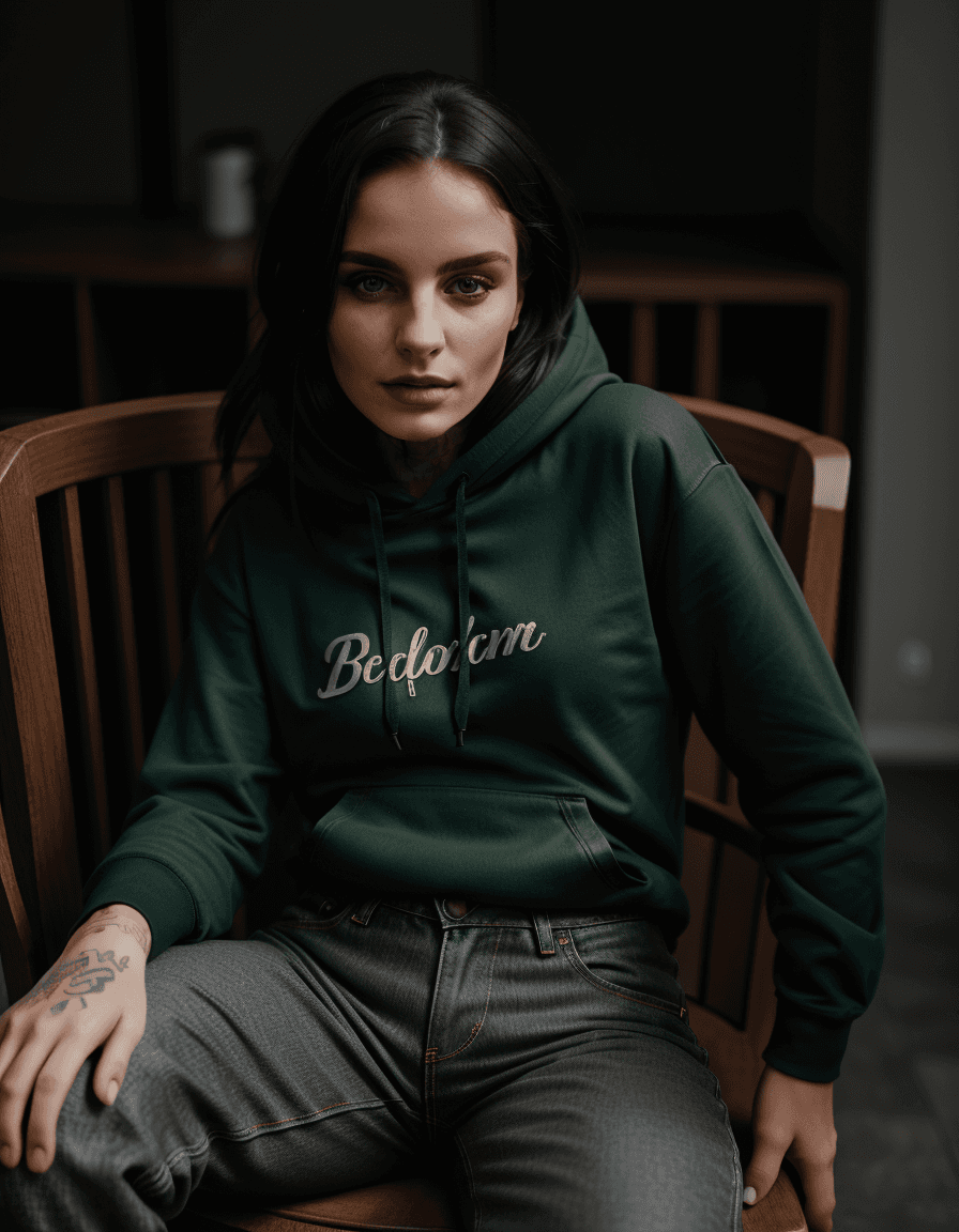 AI generated: photography, long-distance shot, female model, seated on chair, green long undercut, dark deep fores...