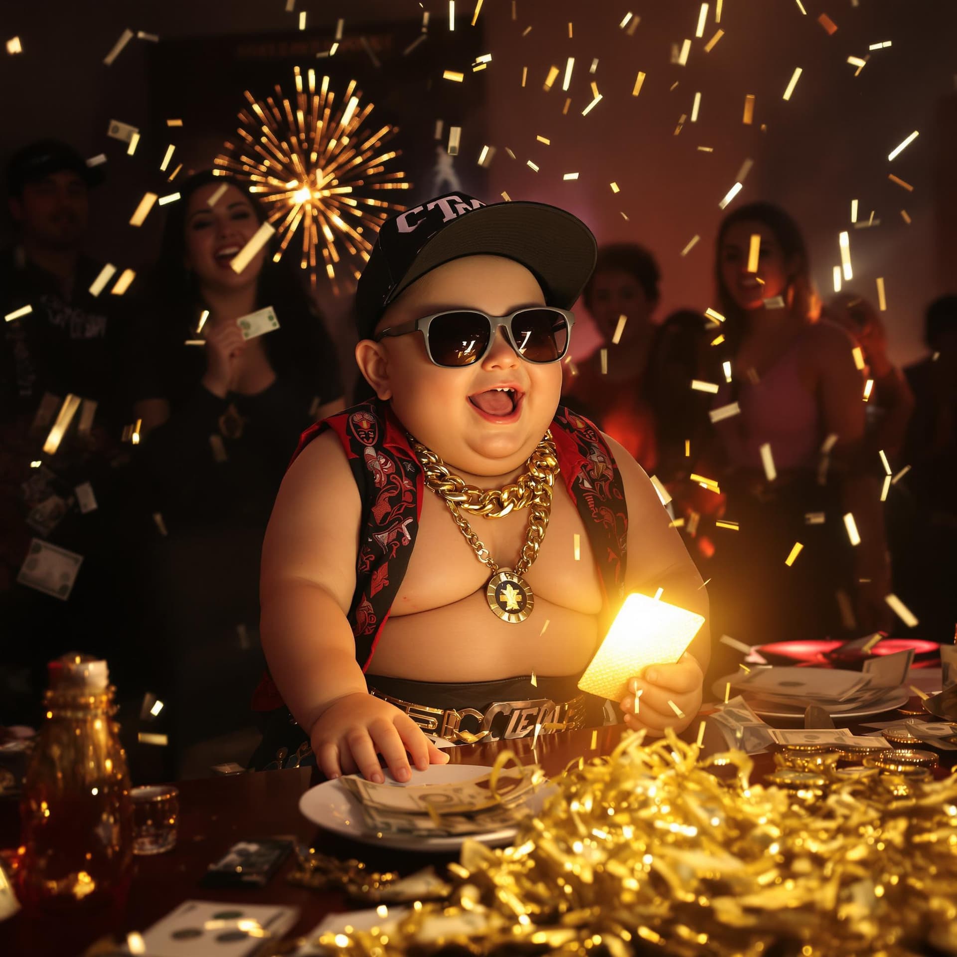 AI generated: ONE LITTLE FAT MEXICAN WHITE 4 YEAR OLD BABYBOY WITH SUNGLASSES SITTING ON TOP OF THE TABLE, FULL OF...