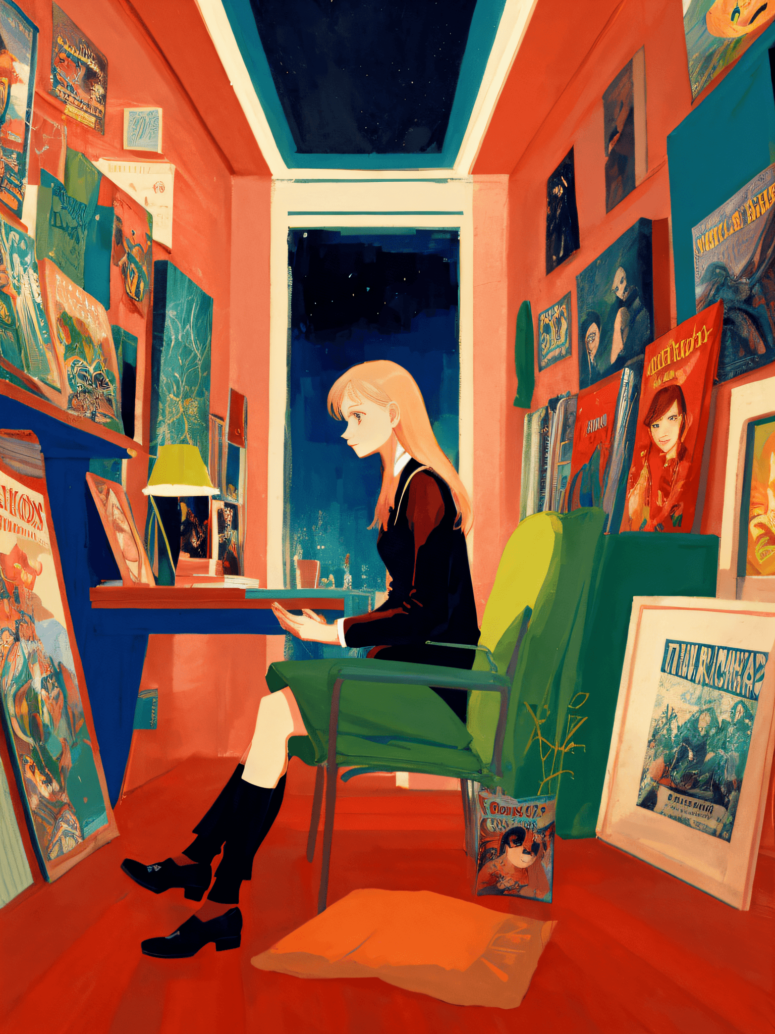 AI generated: a modern woman sitting at a desk in front of books with movie posters background by Victo Ngai