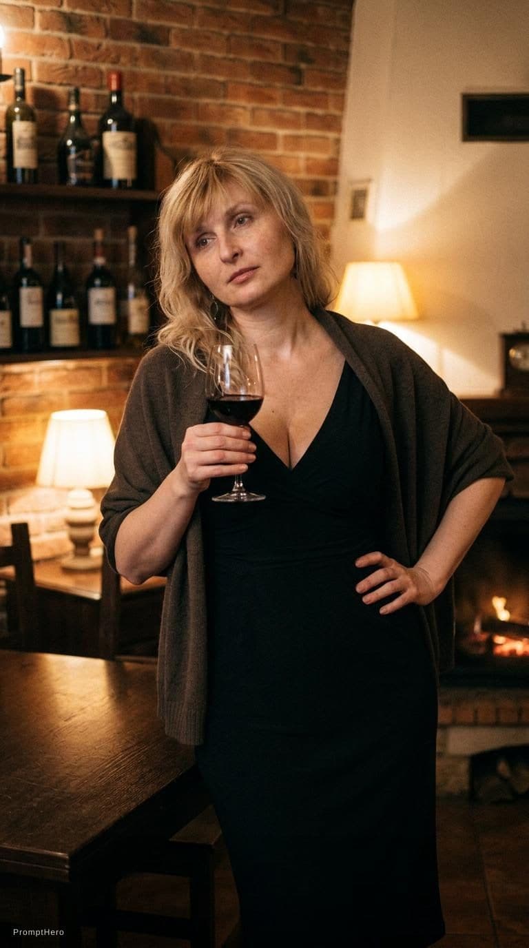 AI generated: wine, dark, room, covered sagging breasts, non symetrical pose