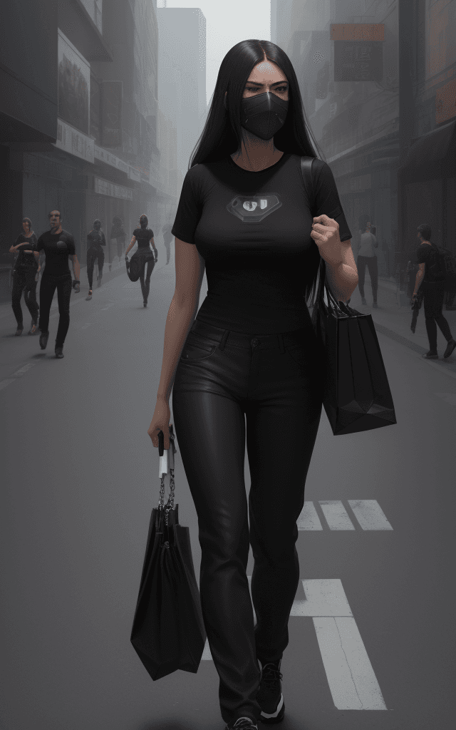 AI generated: The image features a  woman wearing a black shirt and black pants, walking down a street while carry...
