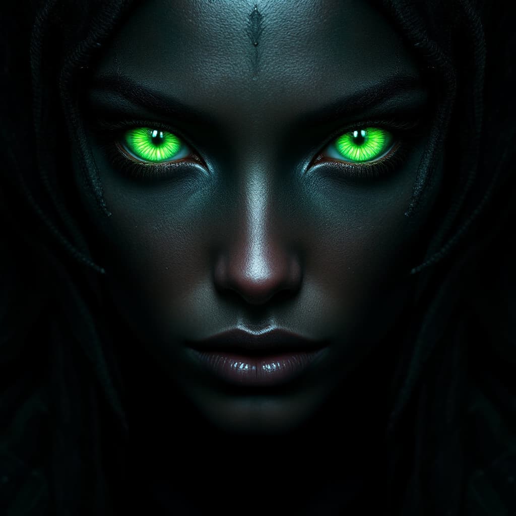 AI generated: A striking portrait with glowing emerald-green eyes.
A mythical creature with hypnotic green eyes th...