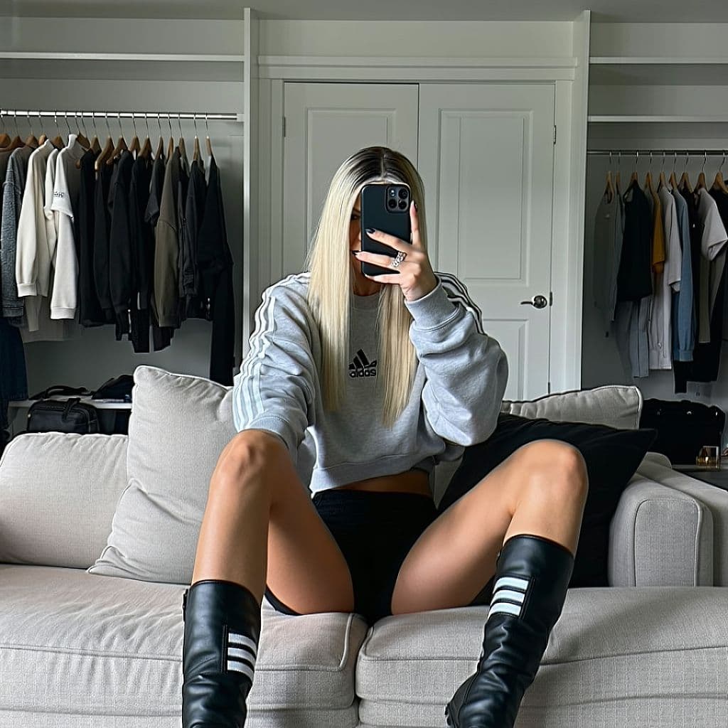 AI generated: The image is a mirror selfie taken by a woman seated on a couch in what appears to be a dressing roo...