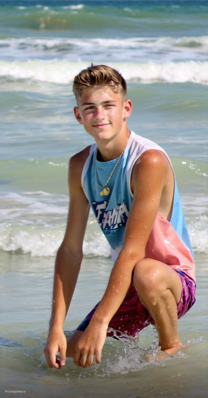 AI generated: An 18 year old at the beach