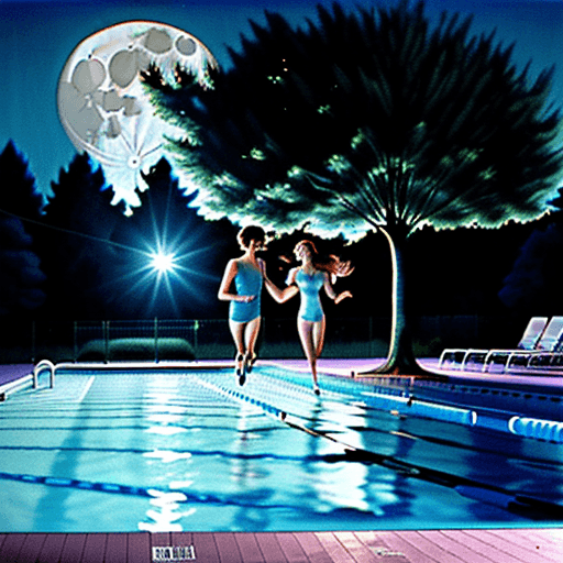 AI generated: Young couple running towards an outdoor pool surrounded by trees. They are holding hands. only the l...